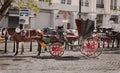 Fragment of view of beautiful vintage retro horse drawn carriage on city background Royalty Free Stock Photo