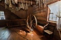 Fragment of view of old time living vintage interior with various home related objects