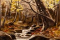 Fragment of Vintage Forest Creek Landscape Oil Painting Royalty Free Stock Photo