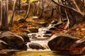 Fragment of Vintage Forest Creek Landscape Oil Painting Royalty Free Stock Photo