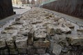 Fragment of wall of White City on Khokhlovskaya Square, unique historical artifact, archeological monument of federal significance