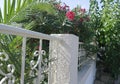 A fragment of a white wrought iron fence