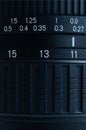 Fragment of a wide angle zoom lens for a modern SLR camera. The set of distance values is indicated by white numbers on the black Royalty Free Stock Photo