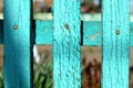 Fragment of a wooden rural fence made from painted green aged planks on the background of garden plants in bokeh Royalty Free Stock Photo