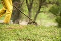 A fragment of a worker in a yellow uniform, lying in wait for a grass trimmer lawn. Grass dust flies out from under the trimmer fl