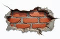 Fragmented brick wall aged texture, structural damage against white background. Cracks spread across surface indicating decay, Royalty Free Stock Photo