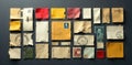 Fragmented postal elements deconstructed objects like stamps, envelopes, and wax seals as artistic composition. An abstract Royalty Free Stock Photo