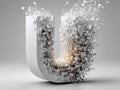 Fragmented, semi-transparent 3D U letter with floating pieces, mid-disintegration, on a light gray background The image showcases Royalty Free Stock Photo