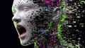 Fragmented White Digital Head Screaming with Vibrant Glitch Effect on Dark Background Royalty Free Stock Photo