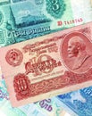 Fragments banknotes of the USSR - one, three, five, ten. Closeup. Collection. Old banknotes of the Soviet Union.