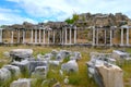 Fragments of bas-relief, columns. Friezes made of stone and marble. Ruins of the ancient city