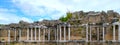 Fragments of bas-relief, columns. Friezes made of stone and marble. Wide photo