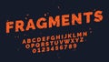 Fragments font. Broken oblique alphabet, capital latin letters and numbers typography, red divided text, cracked