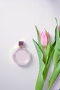 fragnance and pink tulip-romantic composition. bottle of perfume and an envelope. postcard design
