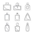 Fragrance bottles perfume icons set, outline style