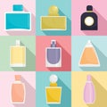 Fragrance bottles perfume icons set, flat style