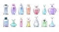 Fragrance bottles. Realistic clear glass with perfumes, collection of elegant cosmetic makeup vials. Vector aroma water