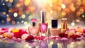 Fragrance and Nail Polish on a table with pink blossoms - Valentines Day concept