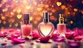 Fragrance and Nail Polish on a table with pink blossoms - Valentines Day concept