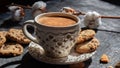 Fragrant coffee in a vintage cup with cookies on a black background. Natural light from the window. Closeup