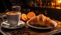 Fragrant cup of cappuccino and a croissant. Still life complemented by coffee beans, cozy atmosphere and soft light