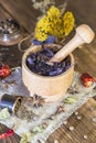 Fragrant dried healing herbs for therapy and spicy spices. On the table in a mortar are purple basil, tansy, pepper, chili and Royalty Free Stock Photo