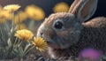 Fragrant Encounter, Close-Up of a Cute Bunny Smelling a Flower, Generative AI