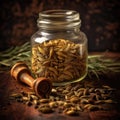 Fragrant fennel seeds in a glass jar on a wooden background