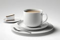 Cup of coffee and piece of cake on light background