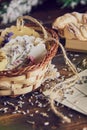 Fragrant handmade sachet in a wicker basket. Royalty Free Stock Photo