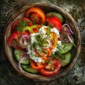 Fragrant Herb Cheese Vegetable Salad with Large Sliced Tomatoes, Cucumbers, Red Bell Pepper Royalty Free Stock Photo