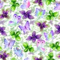 Fragrant kitchen culinary herbs spices basil leaves and butterflies watercolor seamless pattern Royalty Free Stock Photo