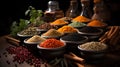 Fragrant multi-colored fragrant Indian spices and herbs. Theme of cooking from different countries