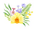 Fragrant Orchid Bloom with Labellum Arranged with Floral Branches Vector Illustration