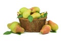 Fragrant pears in a wooden basket. isolated.