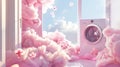 fragrant pink clouds and floral patterns emerging from freshly laundered items, illustrating the unique floral scent of Royalty Free Stock Photo