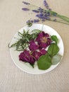 Potpourri with rose petals, sweet woodruff, quince leaves and lavender