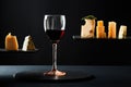 Fragrant red wine in glass beside sliced fresh cheese of different sorts Royalty Free Stock Photo