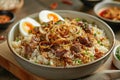 A Fragrant Rice Dish Cooked with Tender Meat Pieces, Aromatic Spices, Fried Onions Royalty Free Stock Photo