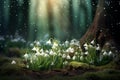 Fragrant Snowdrops forest violet blossom. Generate Ai