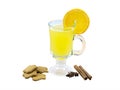 Fragrant spicy drink grog yellow for warming in the winter evening slice orange cinnamon ginger biscuits and star anise