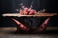 Fragrant Spring wooden table tree blossom. Generate Ai