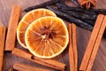 Fragrant vanilla, cinnamon, star anise and dried orange on wooden surface Royalty Free Stock Photo