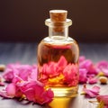Fragrant yellow massage oil in bottles for SPA treatments and petals of spring flowers