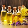 Fragrant yellow massage oil in transparent bottles and beautiful flowers in the spa