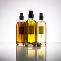 Fragrant yellow massage oil in transparent bottles on a light background, Generative AI, generative artificial intelligence