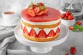 Fraisier mousse cake. Strawberry cake with sponge cake, mousse and jelly on a gray concrete background. Summer dessert. Royalty Free Stock Photo