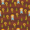 Fram harvest of corn and sunflower with scarecrow seamless pattern in cartoon style for kitchen design or wallpaper Royalty Free Stock Photo