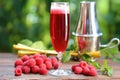 framboise lambic beer in a flute glass, with raspberries around