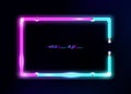 Neon frame background, double color. Colorful neon shiny glowing vintage frame isolated or black background. Multicolored neon